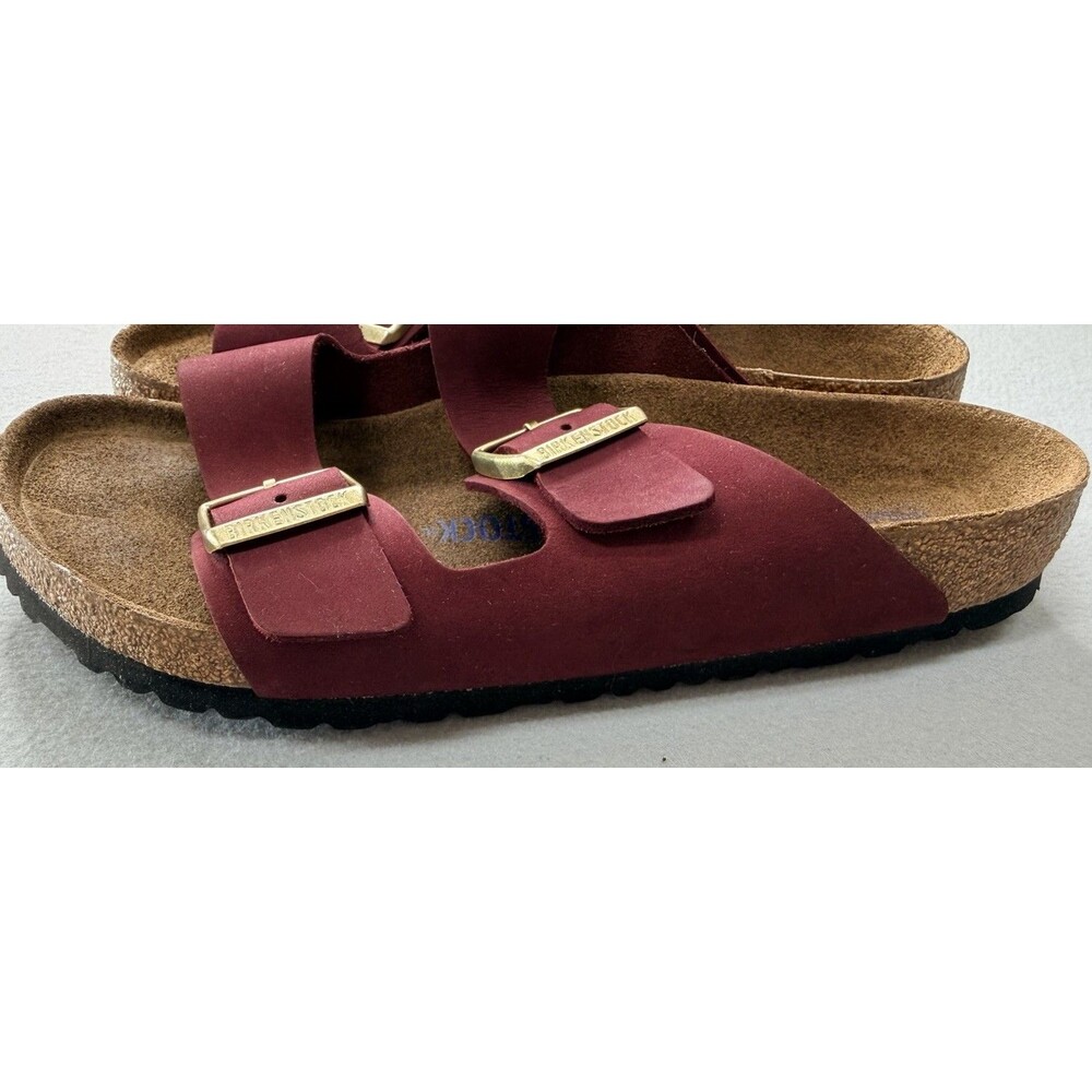 Birkenstock Arizona Sandals EU 42 Burgundy Nubuck Leather Slides - Picture 2 of 12